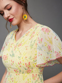 Miss Chase Floral Printed Flared Sleeves Chiffon A-Line Midi Dress