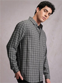 Locomotive Men Grey Linen Blend Textured Checked Regular Shirt