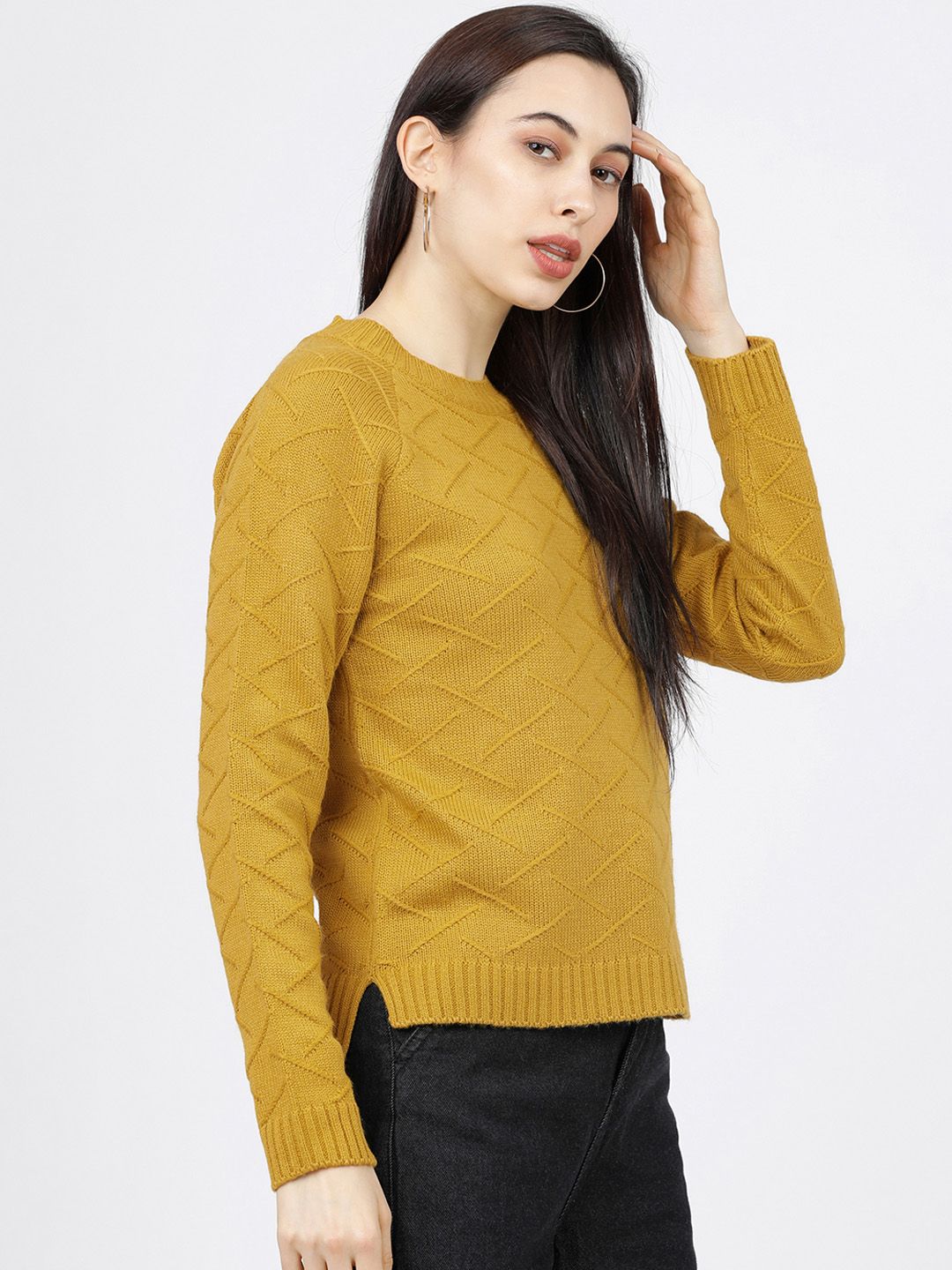Tokyo Talkies Women Mustard Self Design Sweater