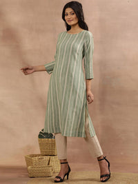 W Green Striped Round Neck Straight Kurta