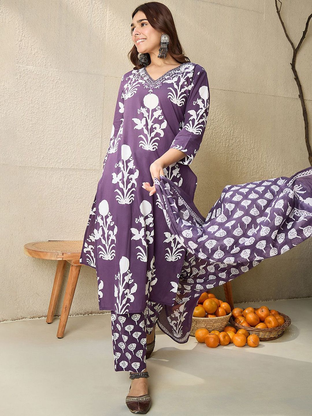 Indo Era Floral Printed V-Neck Pure Cotton Straight Kurta With Trousers And Dupatta