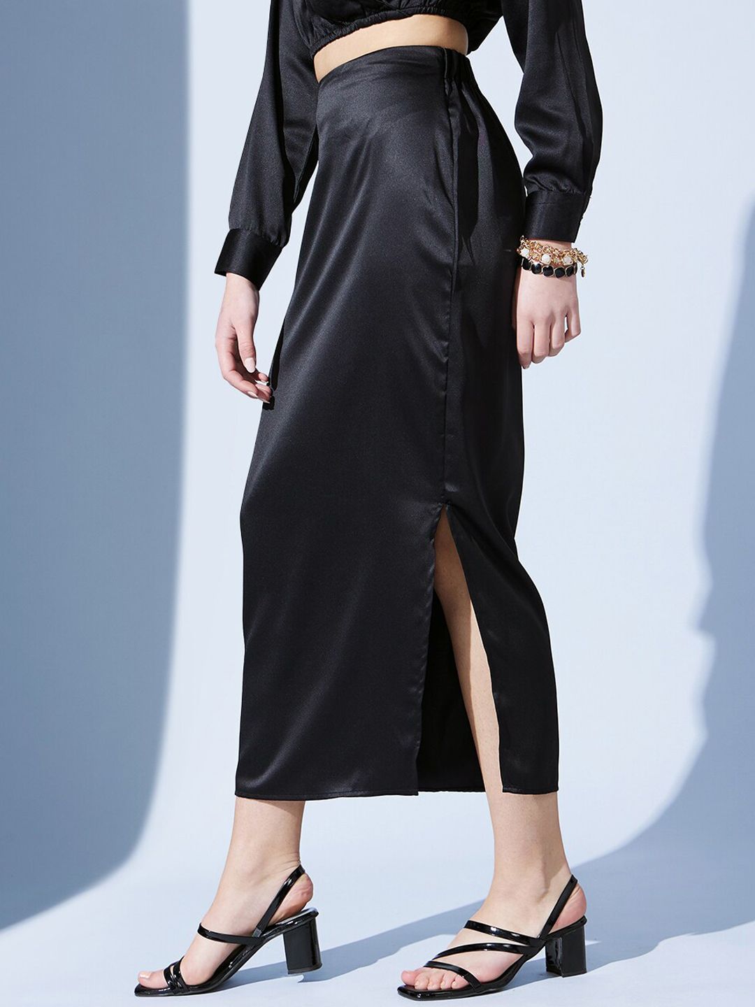 STREET 9 Black Straight Side Slit Midi Skirt