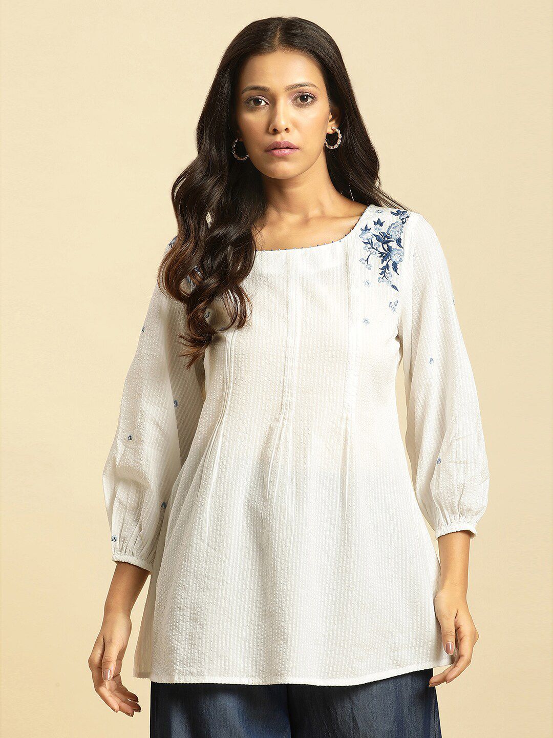 W Self Designed Puff Sleeves Pure Cotton A-Line Top