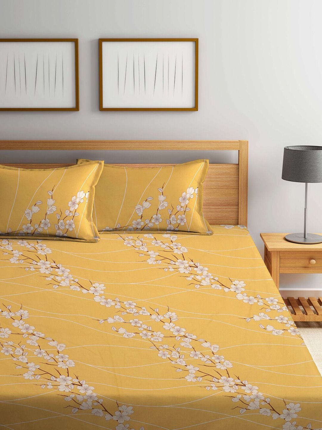 KLOTTHE Yellow & White Floral 400 TC Pure Cotton Fitted Double King Bedsheet Set