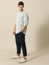 Mr Bowerbird Men White & Black Liberal Fit Striped Casual Shirt