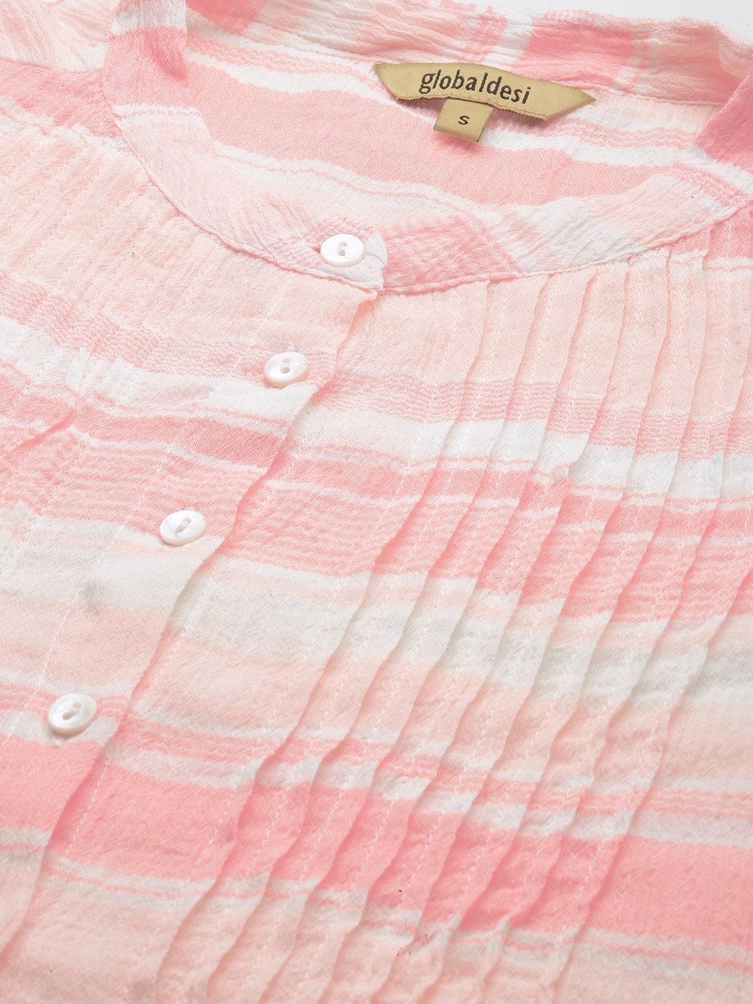 Global Desi Light Pink & White Striped Mandarin-Collar Tiered A-Line Dress