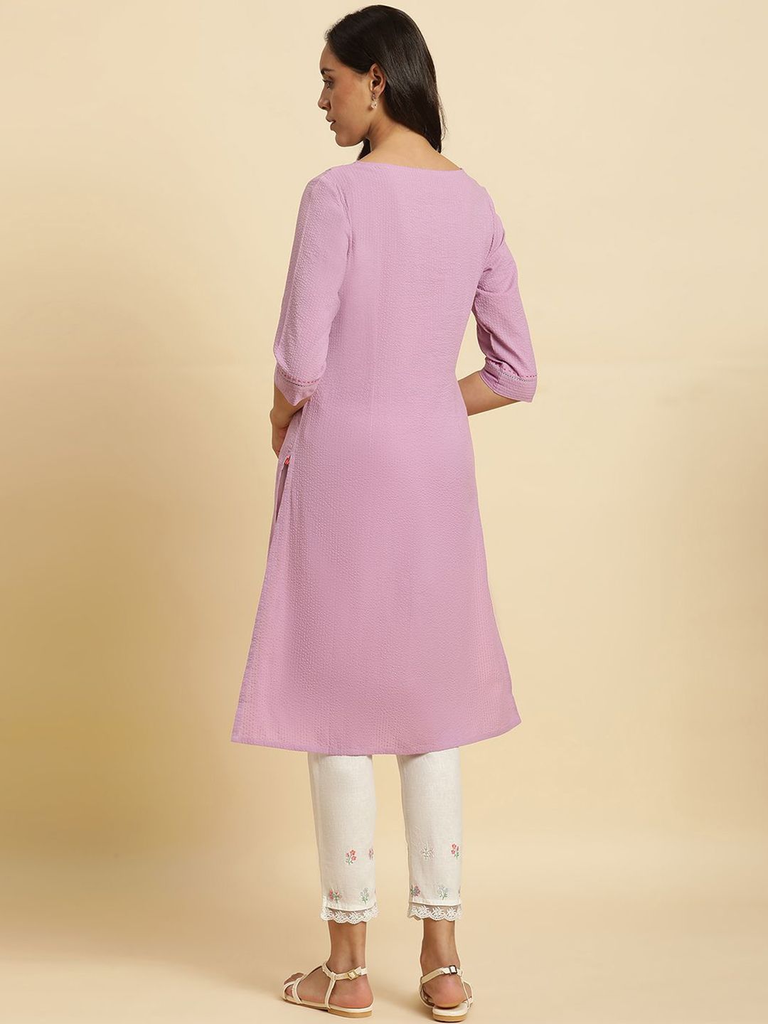 W Purple Thread Work Cotton Straight Kurta