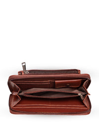 ZOUK Women Brown & Yellow Printed Zip Around Vegan Leather Wallet