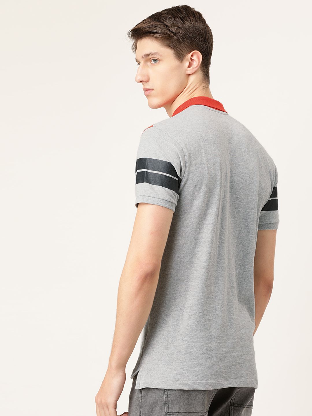 The Indian Garage Co Men Grey Melange & Orange Printed Polo Collar T-shirt