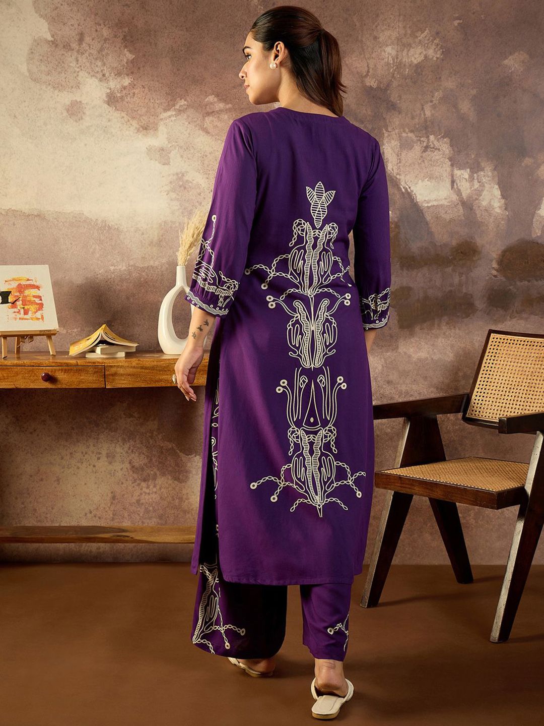 Indo Era Printed V-Neck Tunic With Trousers