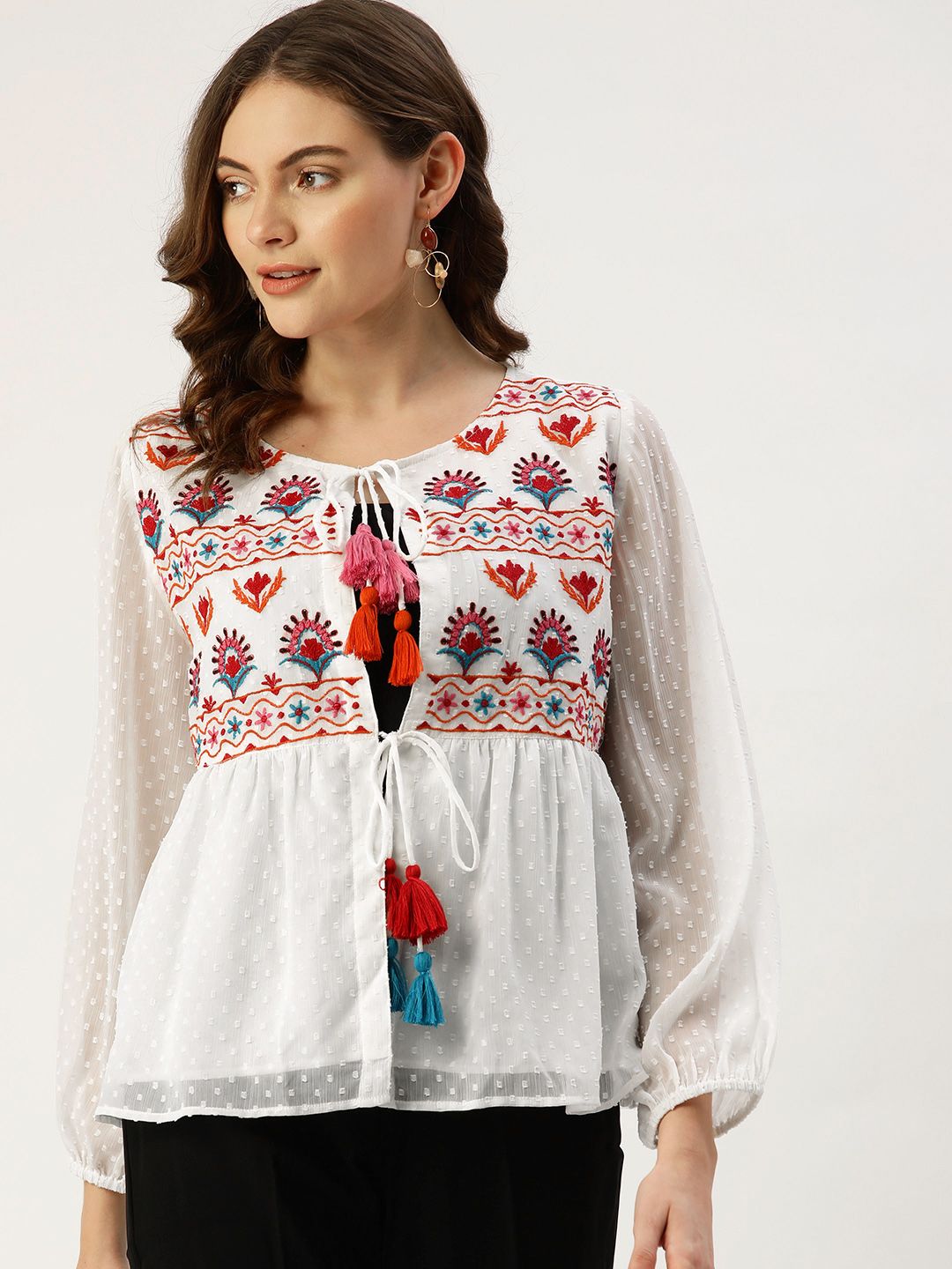Antheaa Women Off White & Pink Printed Embroidered Tie-Up Shrug