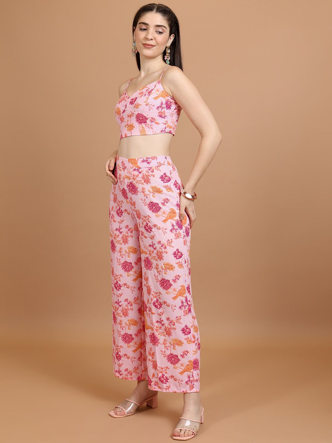 Vishudh Pink Printed Pure Cotton Crop Top & Jacket With Palazzos