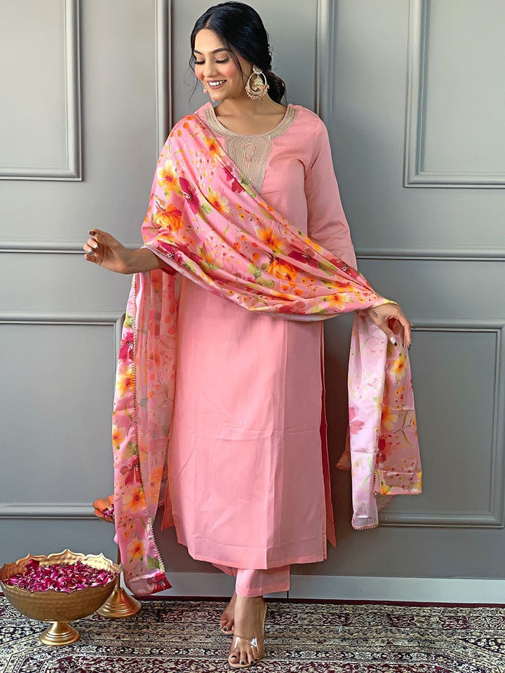KALINI Floral Yoke Design Regular Straight Kurta With Trousers & Dupatta