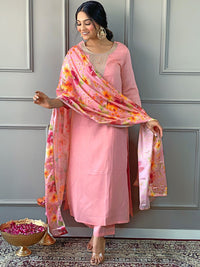 KALINI Floral Yoke Design Regular Straight Kurta With Trousers & Dupatta