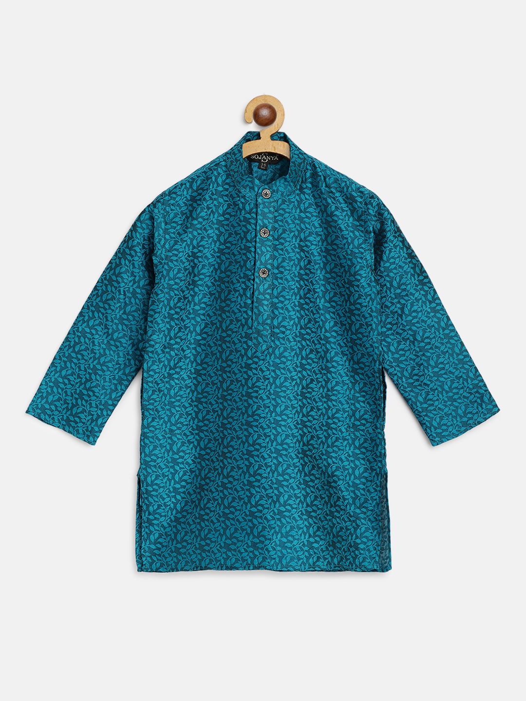 SOJANYA Boys Teal Blue Floral Jacquard Straight Kurta