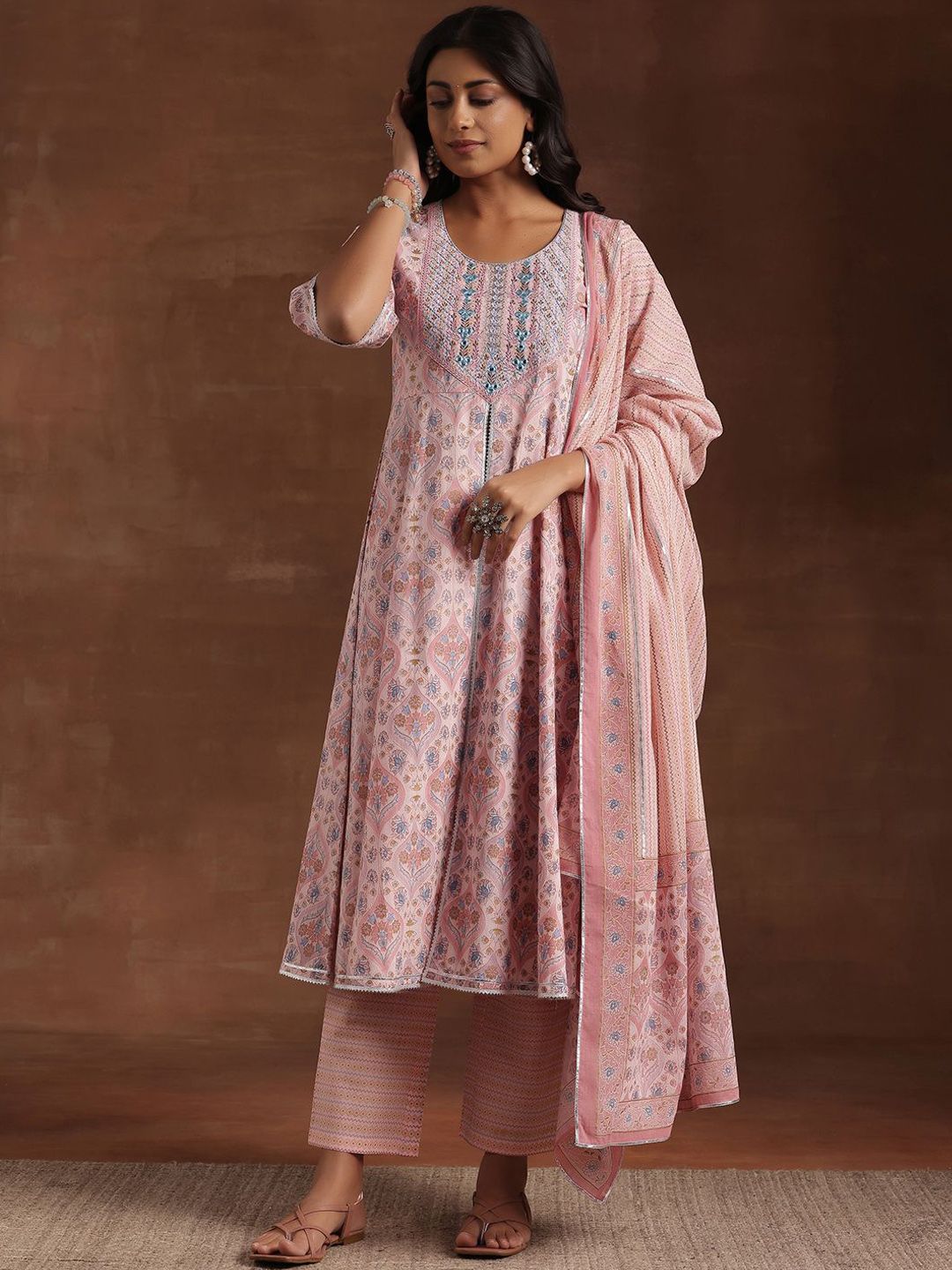 Libas Floral Printed Panelled Gotta Patti Pure Cotton Kurta with Palazzos & Dupatta