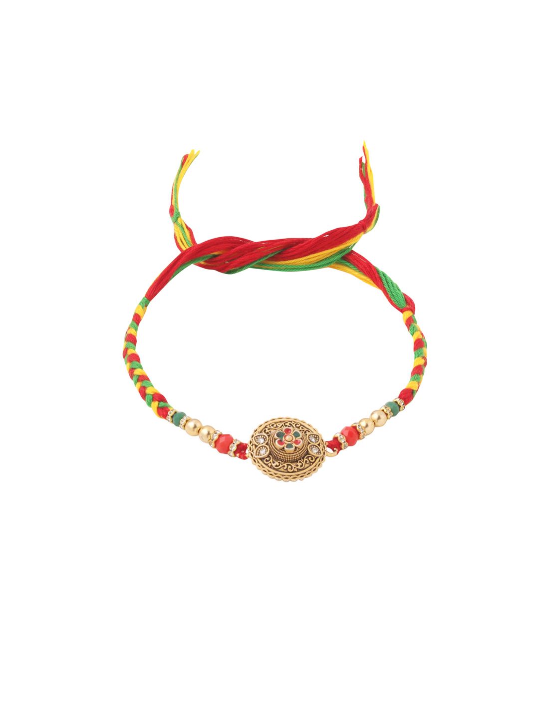 NVR Unisex Set of 2 Multicolor Floral Artificial Stones Thread Rakhi With Roli Chawal