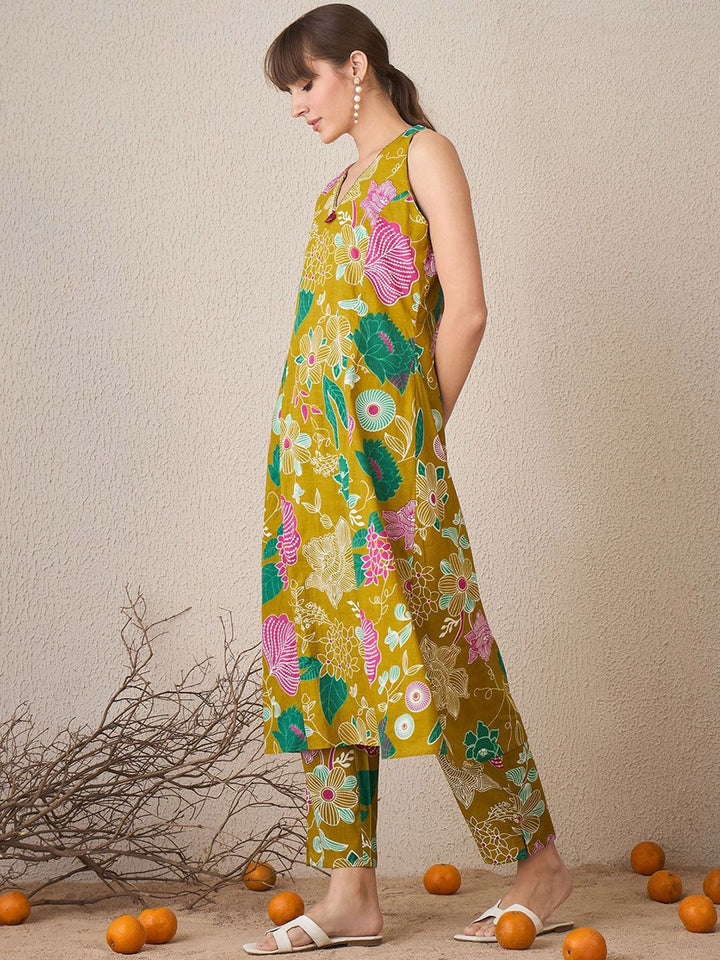 Indo Era Floral Printed V-Neck Pure Cotton A-Line Tunic With Trouser