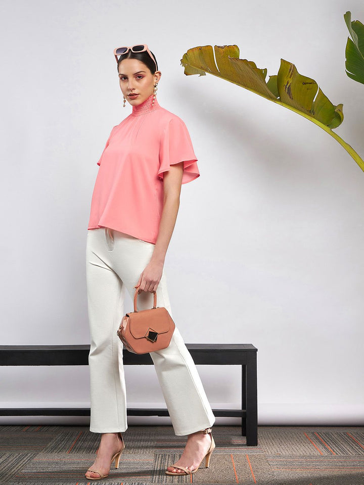 SASSAFRAS Peach-Coloured High Neck Flared Sleeve Smocked Georgette Top
