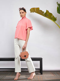 SASSAFRAS Peach-Coloured High Neck Flared Sleeve Smocked Georgette Top