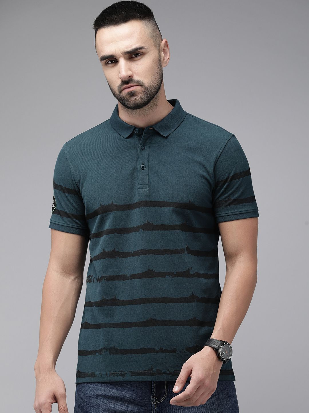 SPYKAR Pure Cotton Striped Polo Collar Slim Fit T-shirt