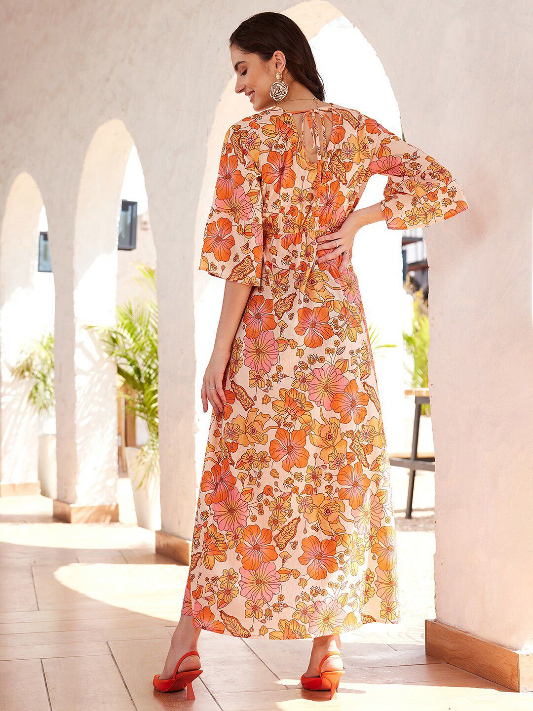 STREET 9 Floral Printed Bell Sleeves Georgette Maxi Dress