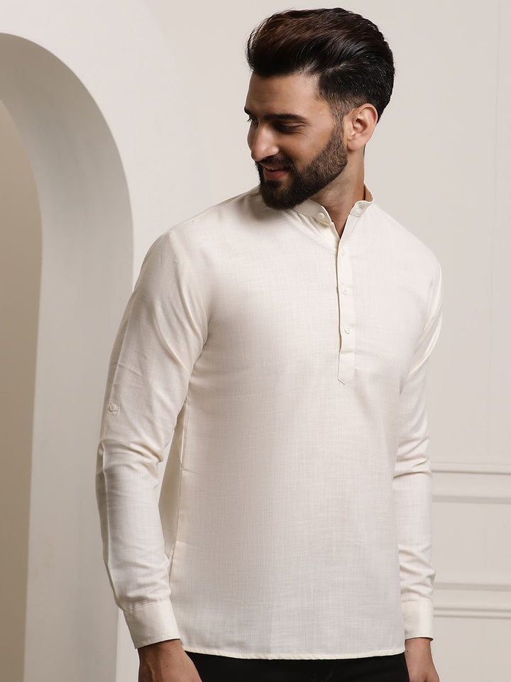 Anug by SOJANYA Men Cream-Coloured Band Collar Kurta