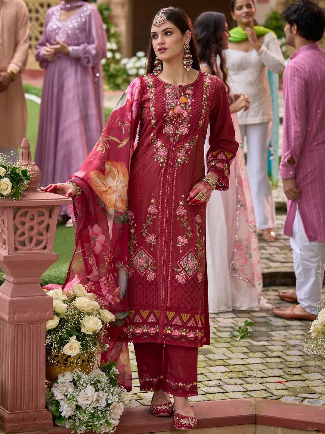 Indo Era Women Floral Embroidered Regular Thread Work Kurta with Trousers & With Dupatta