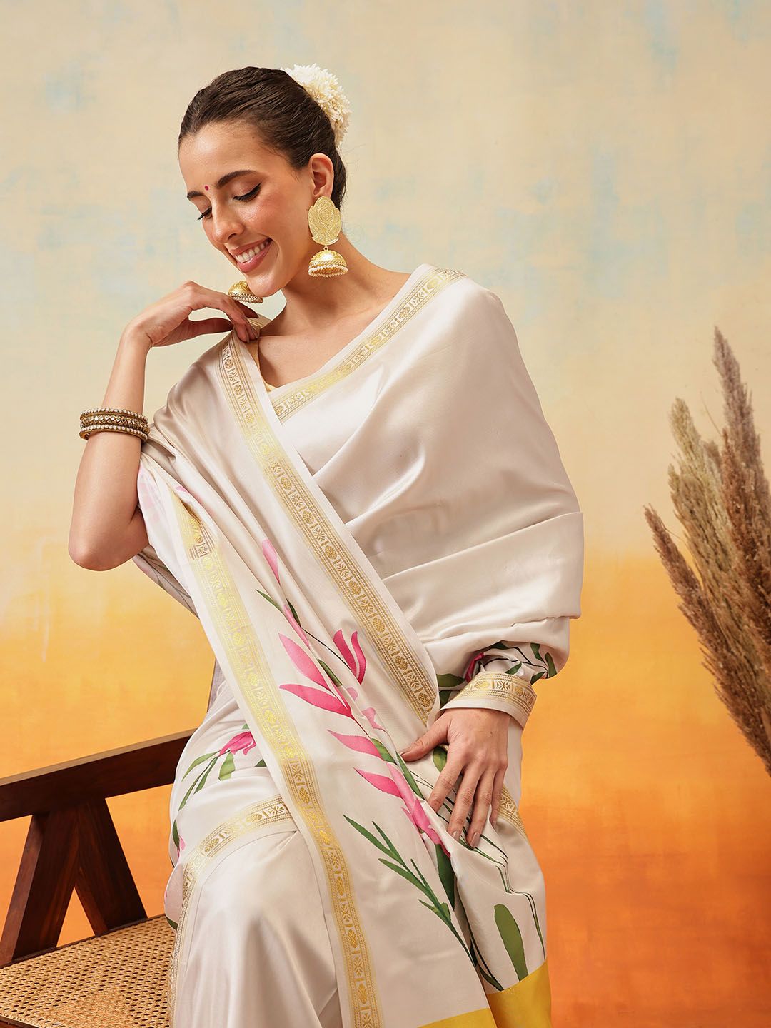 Silk Land Floral Printed Zari Ready to Wear Kasavu Saree