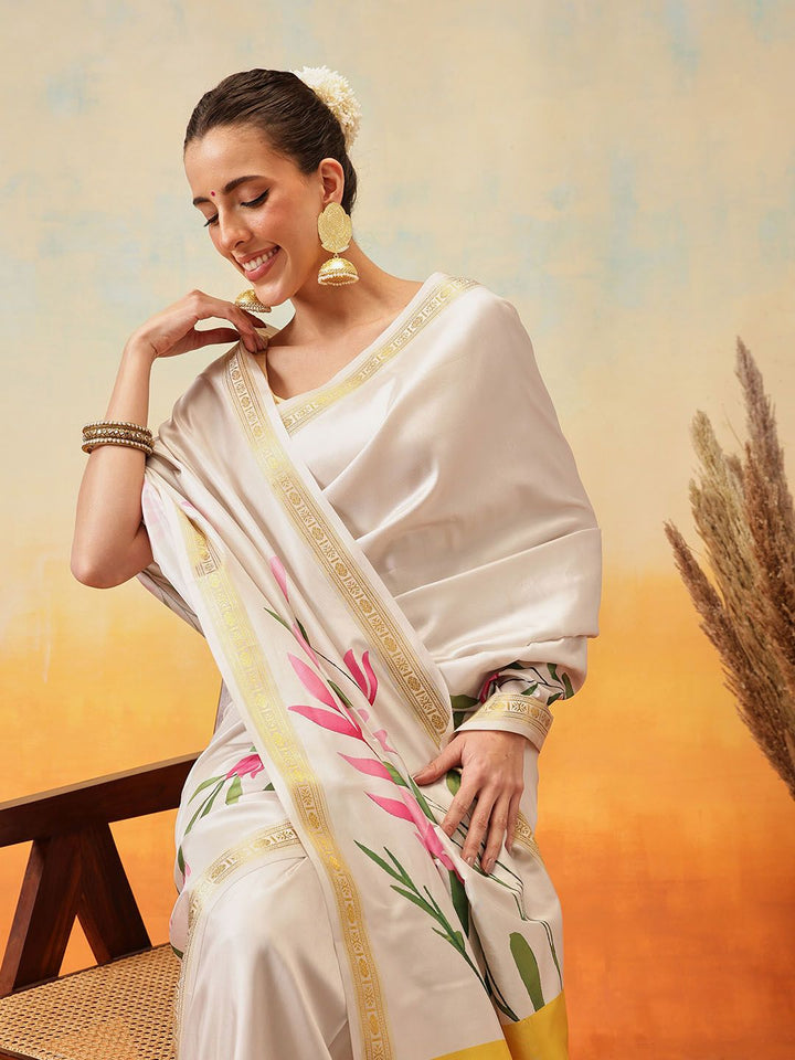 Silk Land Floral Printed Zari Ready to Wear Kasavu Saree
