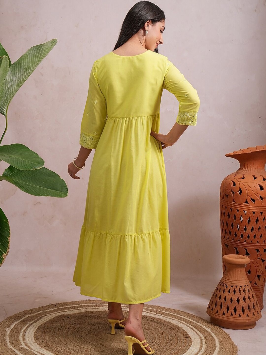 Vishudh Floral Embroidered Gathered  A Line Midi Dress