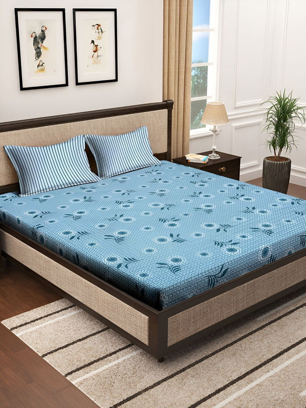 KLOTTHE Blue Floral Printed 300TC Super King Bedsheet With 2 Pillow Covers