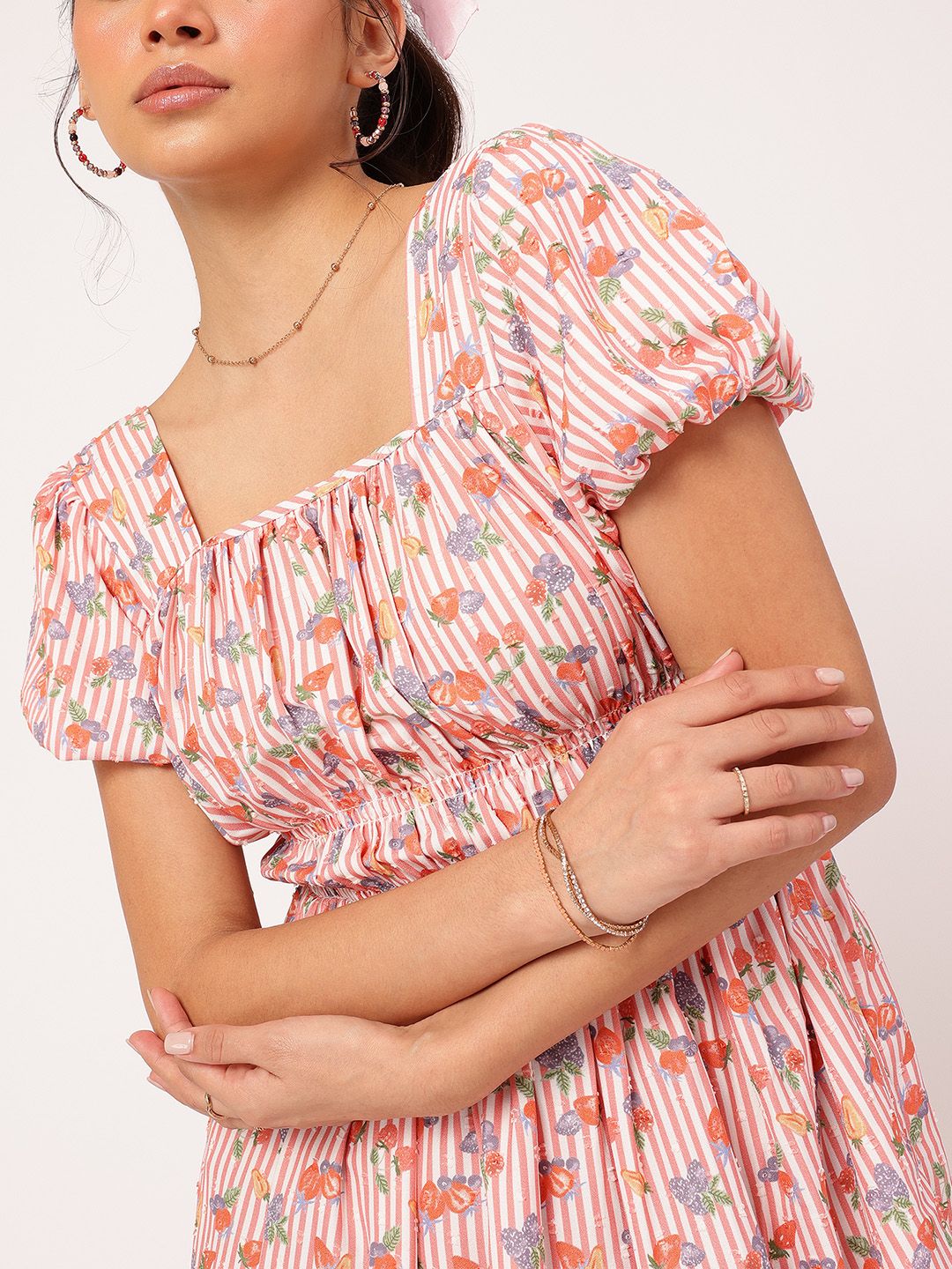 DressBerry Floral Frenzy Striped Dobby Weave Smocked A-Line Mini Dress
