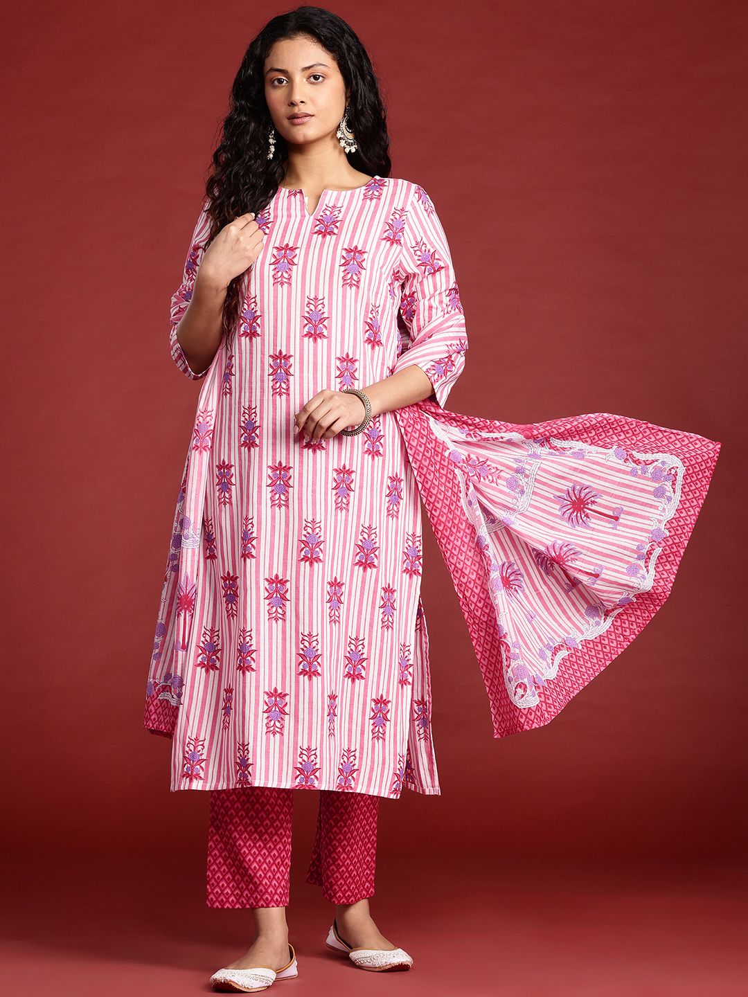 Anouk Striped Regular Cotton Kurta with Trousers & With Dupatta