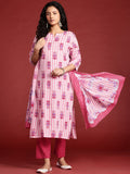 Anouk Striped Regular Cotton Kurta with Trousers & With Dupatta