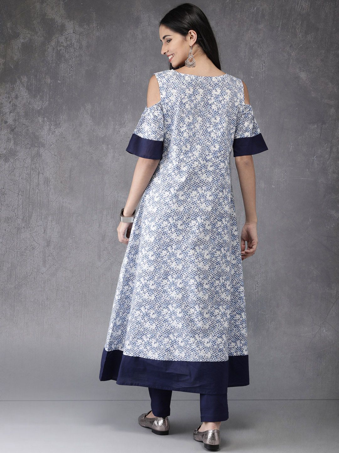 Anouk Women White & Blue Printed Kurta with Trousers