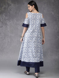 Anouk Women White & Blue Printed Kurta with Trousers