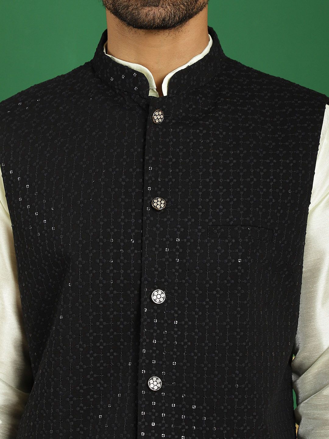 Anouk Black Embroidered Mandarin Collar Sequinned Detailed Nehru Jacket