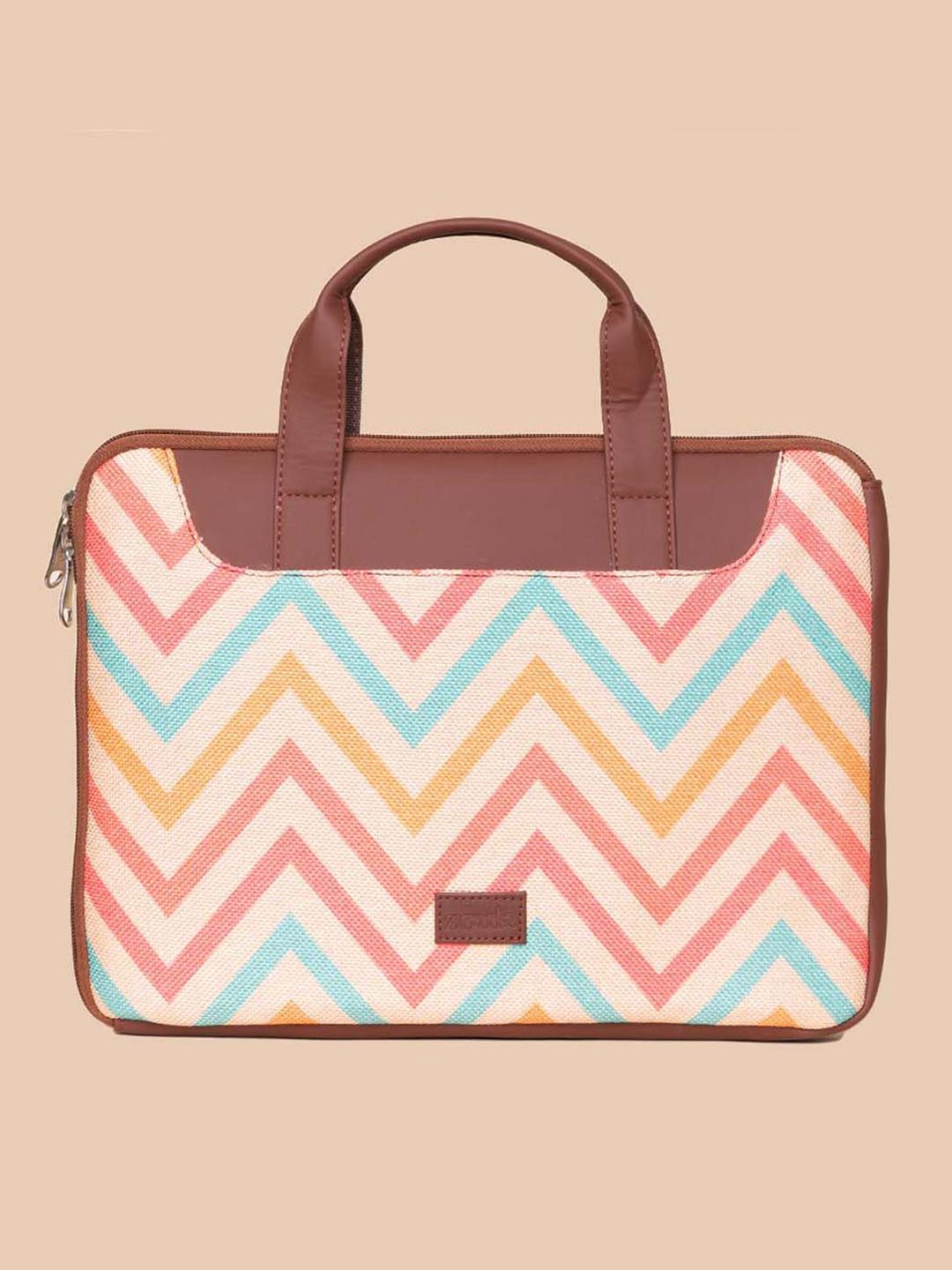 ZOUK Women Brown & Peach-Coloured Printed Jute Laptop Sleeve