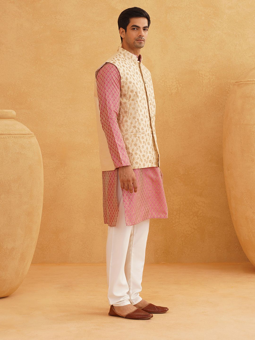 SOJANYA Woven Design Mandarin Collar Kurta with Churidar & Nehru Jacket