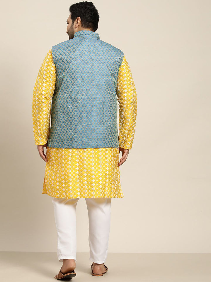SOJANYA PLUS Men Yellow & White Chikankari Embroidered Kurta with Churidar & Nehru Jacket