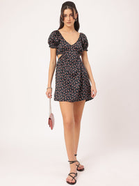 DressBerry Fairy-Frock Micro Printed Smocked Cut-Out Mini Dress
