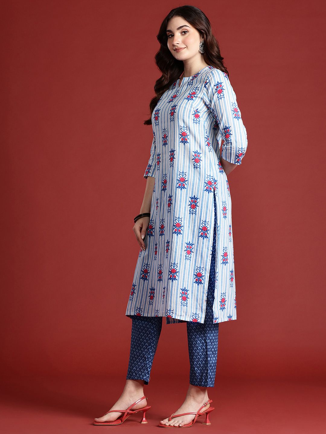 Anouk Floral Printed Pure Cotton Kurta With Trousers & Dupatta