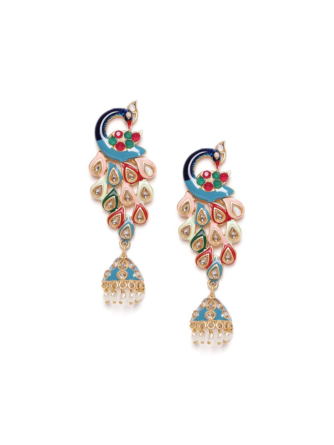 PANASH Gold- Plated Artificial Stones Studded And Beaded Peacock Shaped Drop Earrings