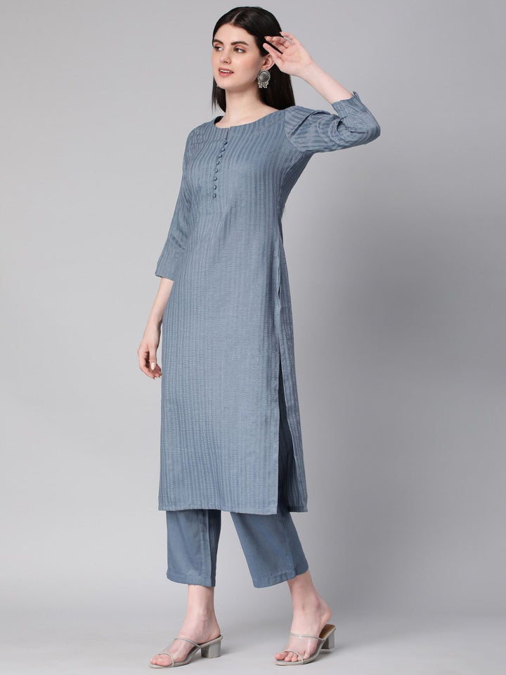 KALINI Striped Regular Thread Work Kurta With Trousers