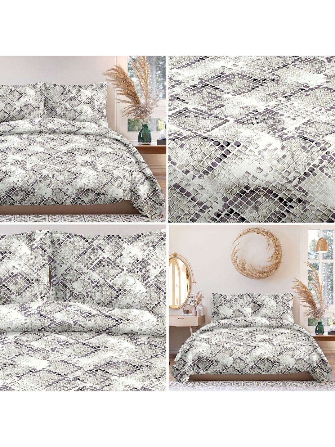 Cortina Glazed Cotton Beige Geometric 140 TC King Bedsheet with 2 Pillow Covers