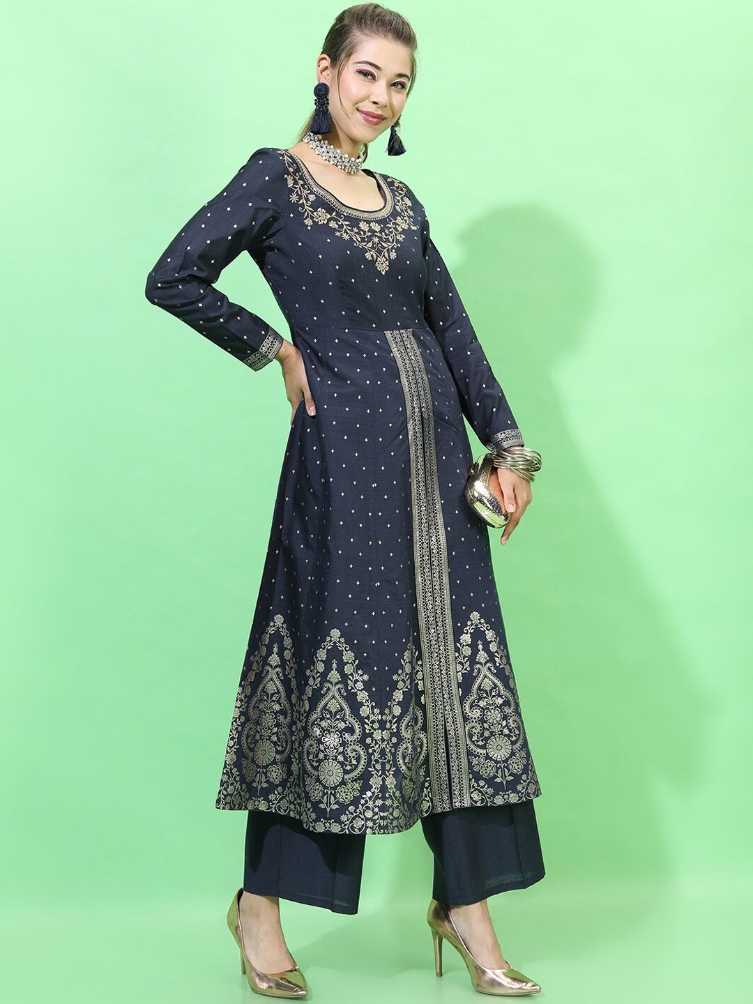 Vishudh Women Navy Blue Floral Embroidered Empire Kurta with Palazzos