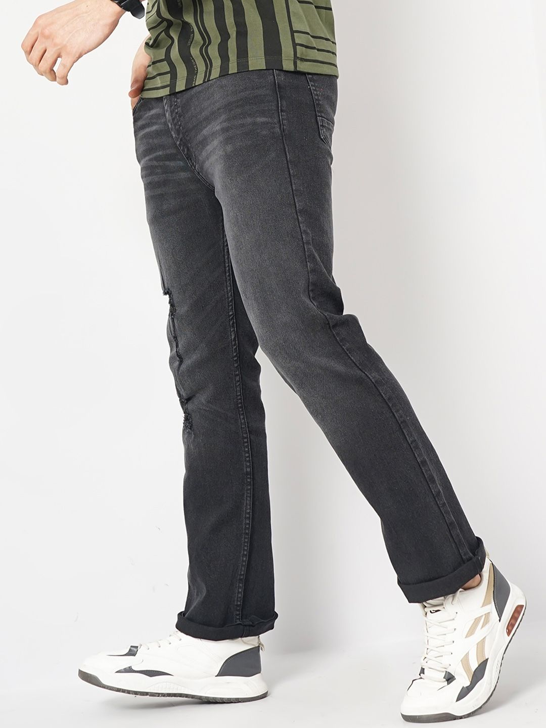 The Indian Garage Co Men Black Mid-Rise Bootcut Low Distress Heavy Fade Stretchable Jeans