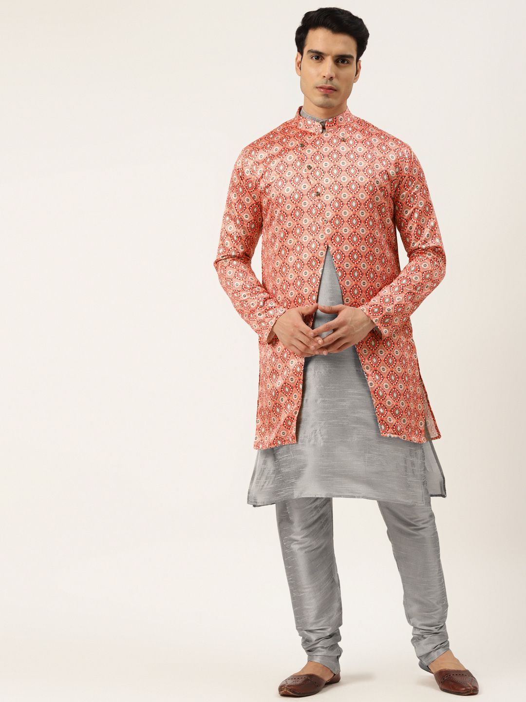 SOJANYA Men Grey & Peach-Coloured Kurta with Churidar