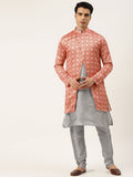 SOJANYA Men Grey & Peach-Coloured Kurta with Churidar